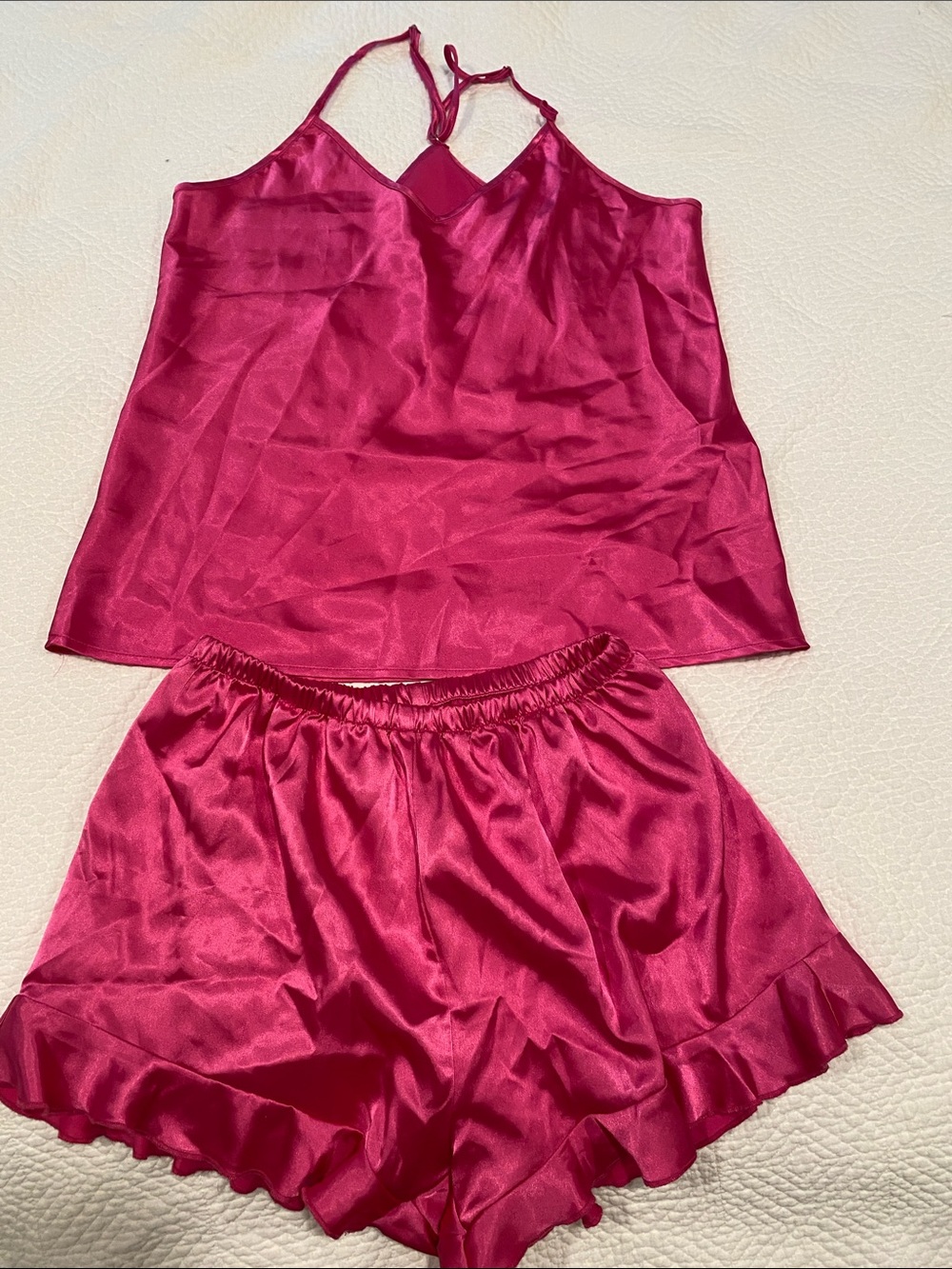 Silky Ruffle-Trim Cami & Short Sleep Set in Fuchsia